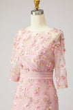 Sukienka Dusty Rose Bodycon Floral Illusion Neck aplikowana Midi Mother Of the Bride
