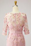 Sukienka Dusty Rose Bodycon Floral Illusion Neck aplikowana Midi Mother Of the Bride