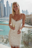 Błyszcząca Ivory Spaghetti Straps Cekiny Bodycon mini biała sukienka