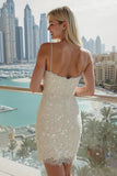 Błyszcząca Ivory Spaghetti Straps Cekiny Bodycon mini biała sukienka