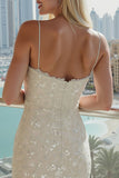 Błyszcząca Ivory Spaghetti Straps Cekiny Bodycon mini biała sukienka