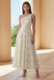 Jasnozielona Sukienka Na Wesele midi z aplikacjami na jedno ramię A line