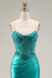 Syrena Gorset Z Aplikacją Pawia Zieleń Bez ramiączek Satynowa Sukienka Na Studniówkę