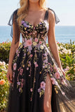 Tiul Black Pink Flower Sweetheart A line Haftowana długa sukienka na studniówkę z rozcięciem