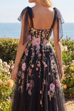 Tiul Black Pink Flower Sweetheart A line Haftowana długa sukienka na studniówkę z rozcięciem