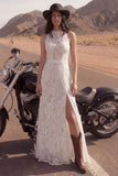 Ivory A Line Lace z wysokim kołnierzem długą suknią ślubną Boho z rozcięciem