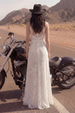Ivory A Line Lace z wysokim kołnierzem długą suknią ślubną Boho z rozcięciem