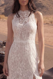 Ivory A Line Lace z wysokim kołnierzem długą suknią ślubną Boho z rozcięciem
