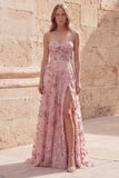 Blush Sequin A Line Długa sukienka balowa bez ramiączek z rozcięciem
