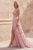 Blush Sequin A Line Długa sukienka balowa bez ramiączek z rozcięciem