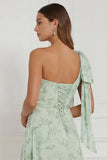 Sukienka druhny w kształcie Dusty Sage One Shoulder A Line A z rozcięciem