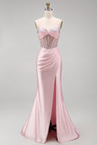 Styl noszenia na szyi różowy błyszczący gorset syreny Długa Sukienka Na Studniówkę