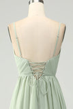 Zakurzona Cienkich Ramiączkach Szałwia Sukienka Maxi Druhen z Rozcięciem