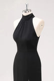 Czarna Sukienka Syrenka z Halterem i Falbanami Długa Sukienka wizytowa z Rozcięciem